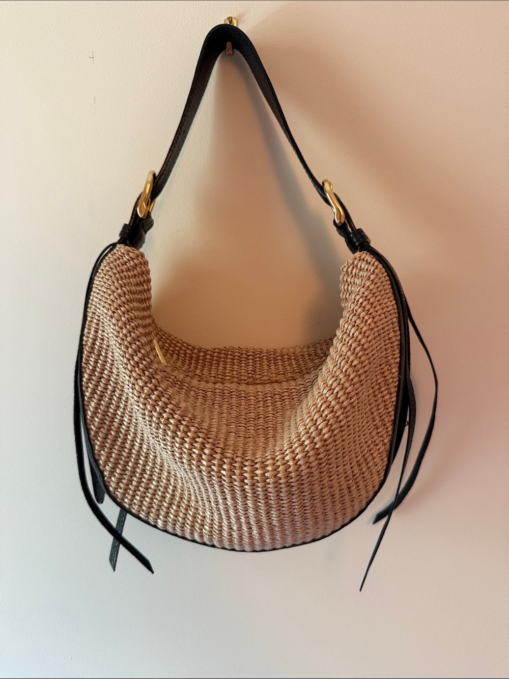 Woven Straw Shoulder Bag with Black Trim